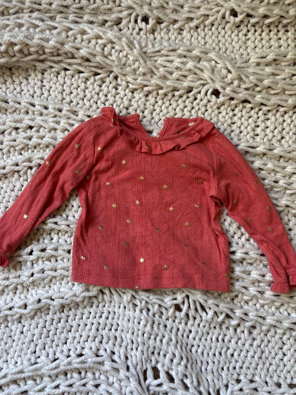 Mini Boden Coral Red Long-Sleeve Knit Top with Gold Stars